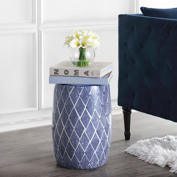 Moroccan Diamonds 18" Ceramic Drum Garden Stool - JONATHAN Y